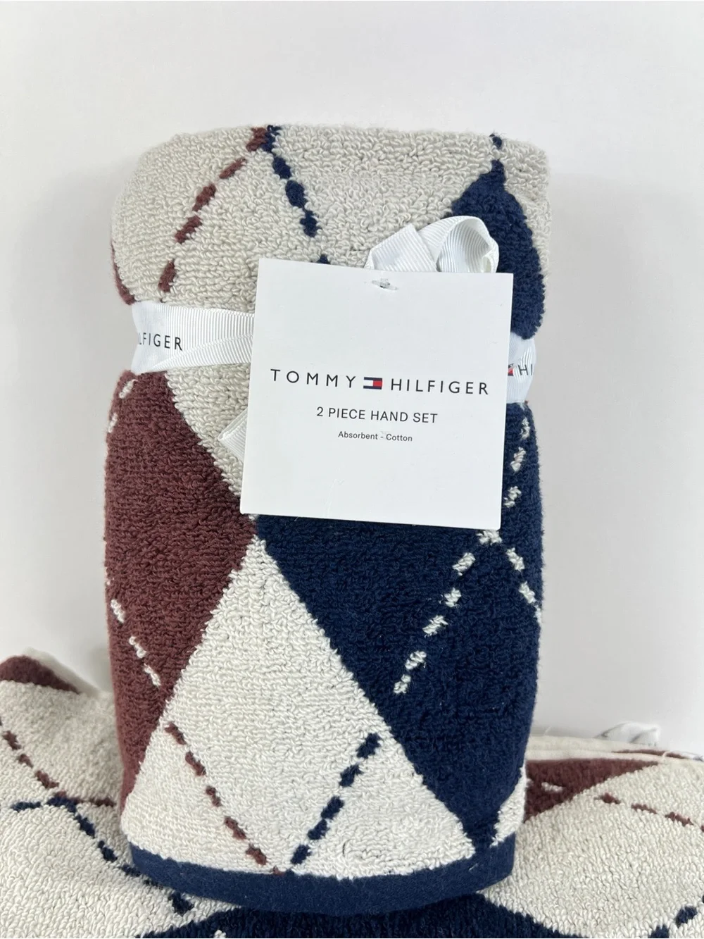 Tommy Hilfiger 8 Pc Bath Towel Set Cream Navy Brown Argyle 100% Cotton NEW